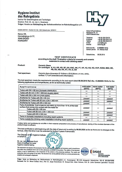 Cartridge Certificate DVGW